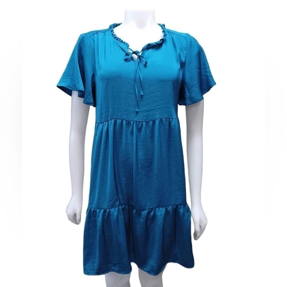 Nicole Miller Teal Green Short Sleeve Tiered Dress Size Small